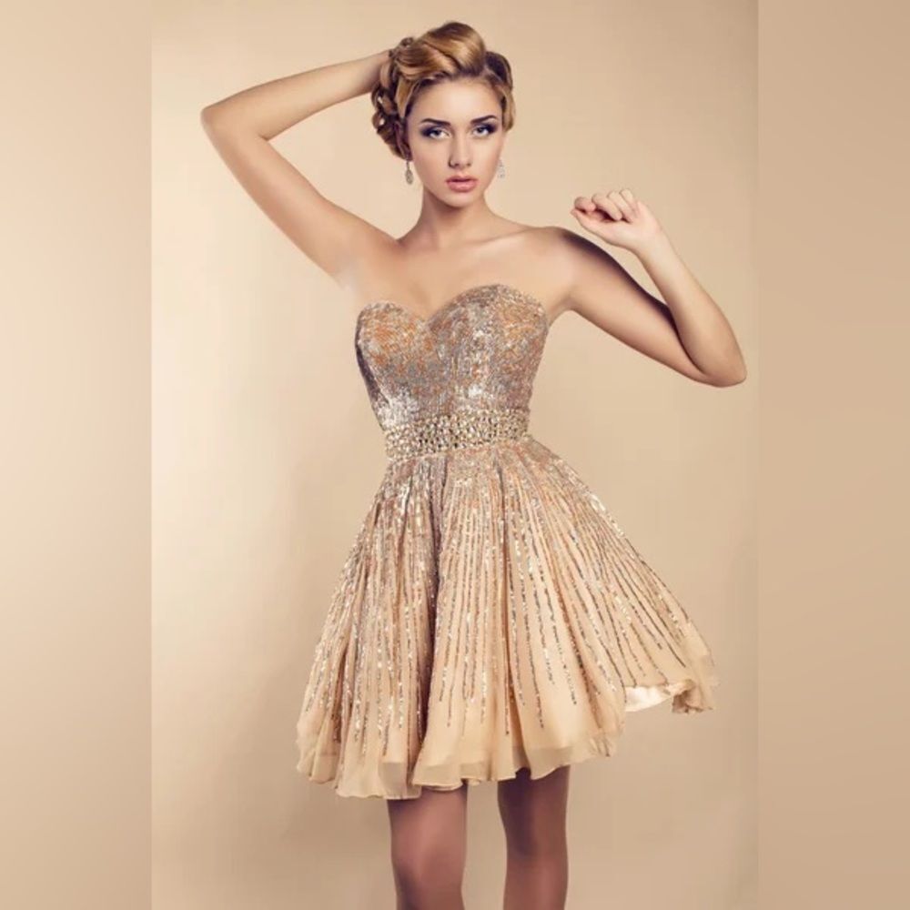Sherri Hill Embellished Silk Fit & Flare Strapless Fit and Flare Dress 10